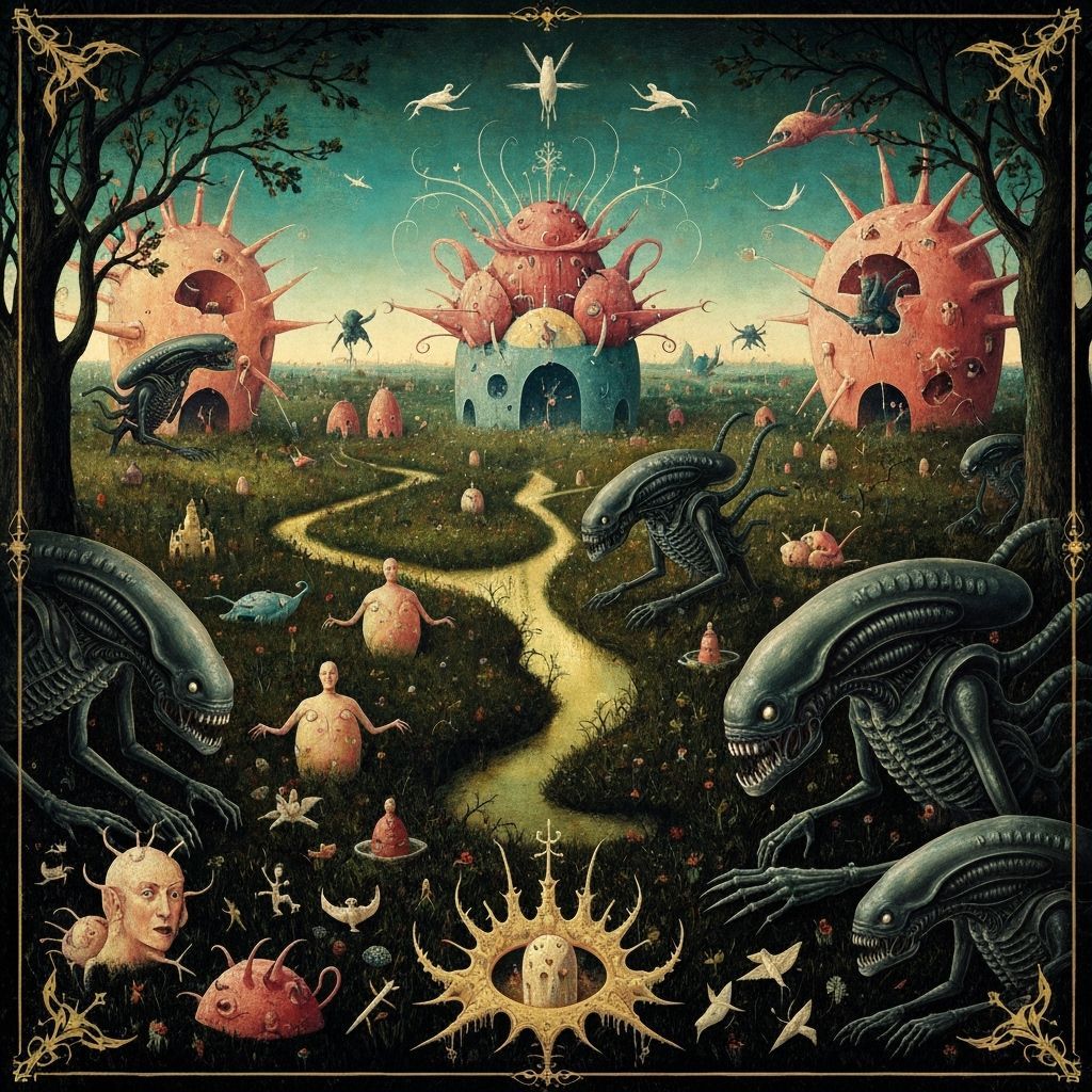 Xenomorphs in a Surreal Gothic Landscape