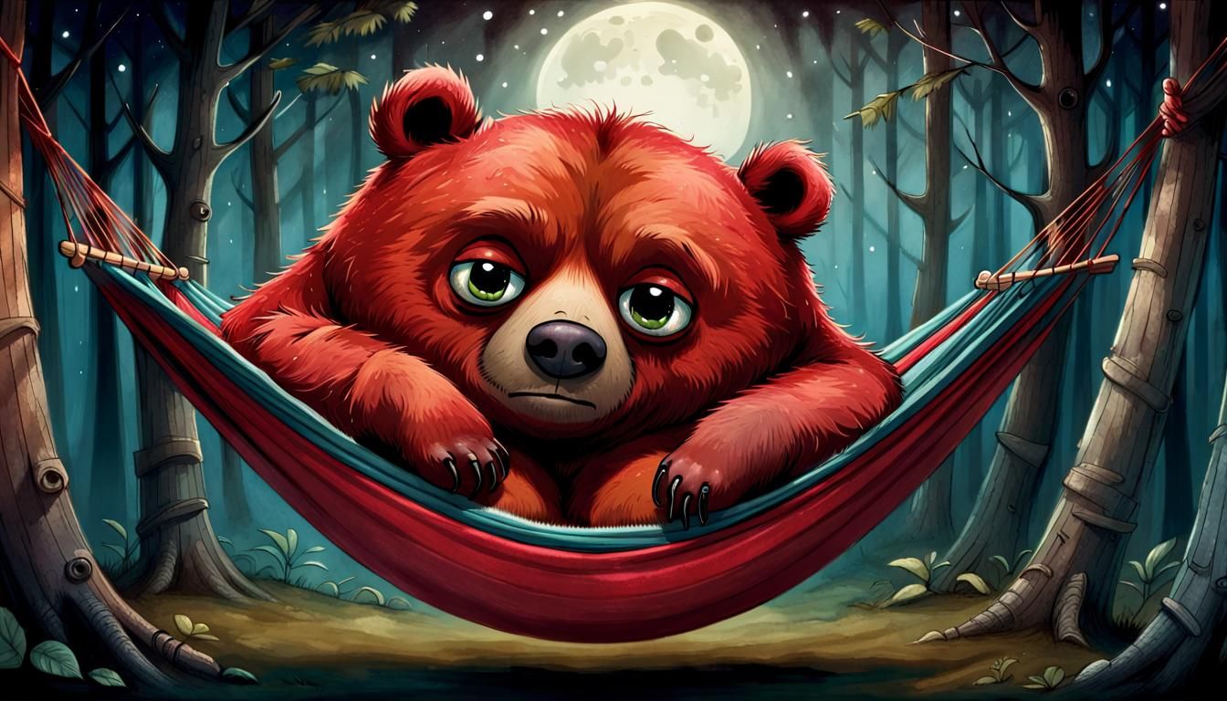 Grumpy Bear in a Hammock, Whimsical Storybook Art