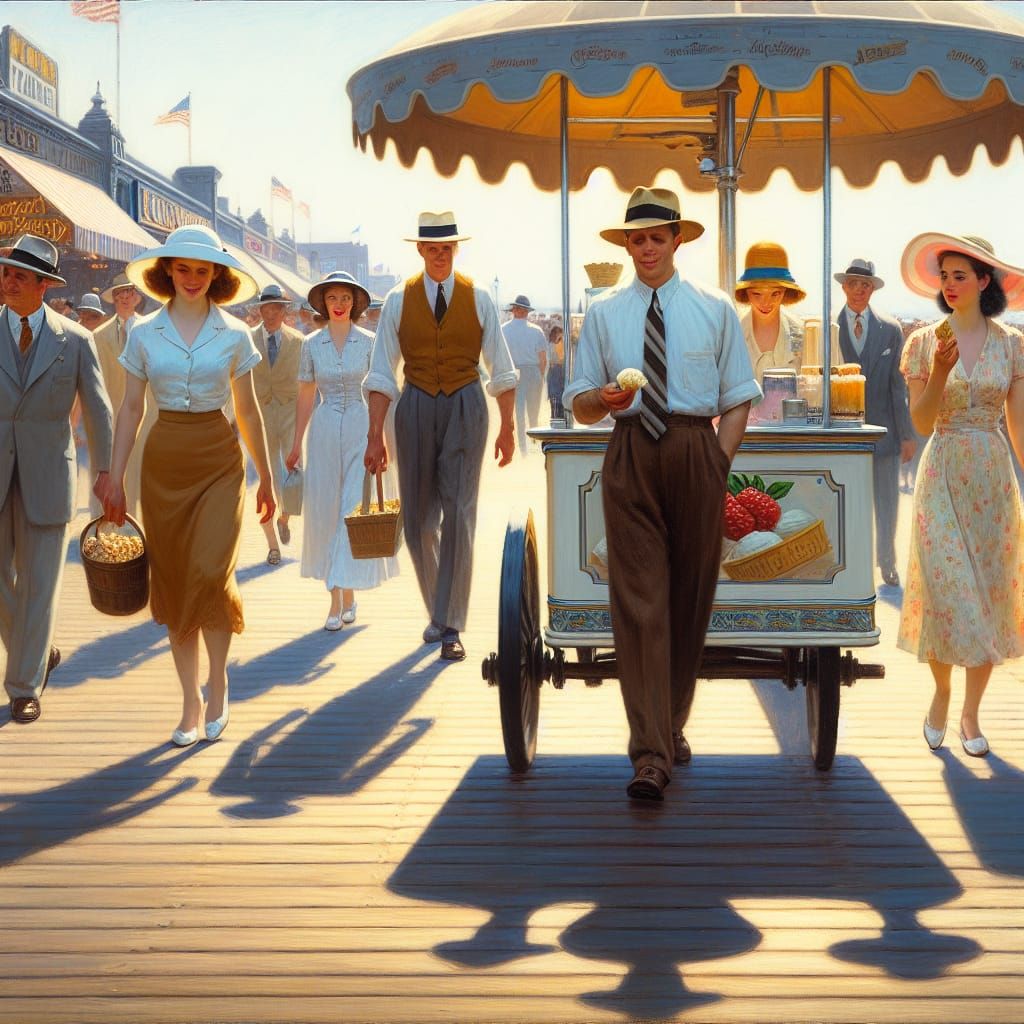 Elegant Mid-Century Boardwalk Scene in Vibrant Colors