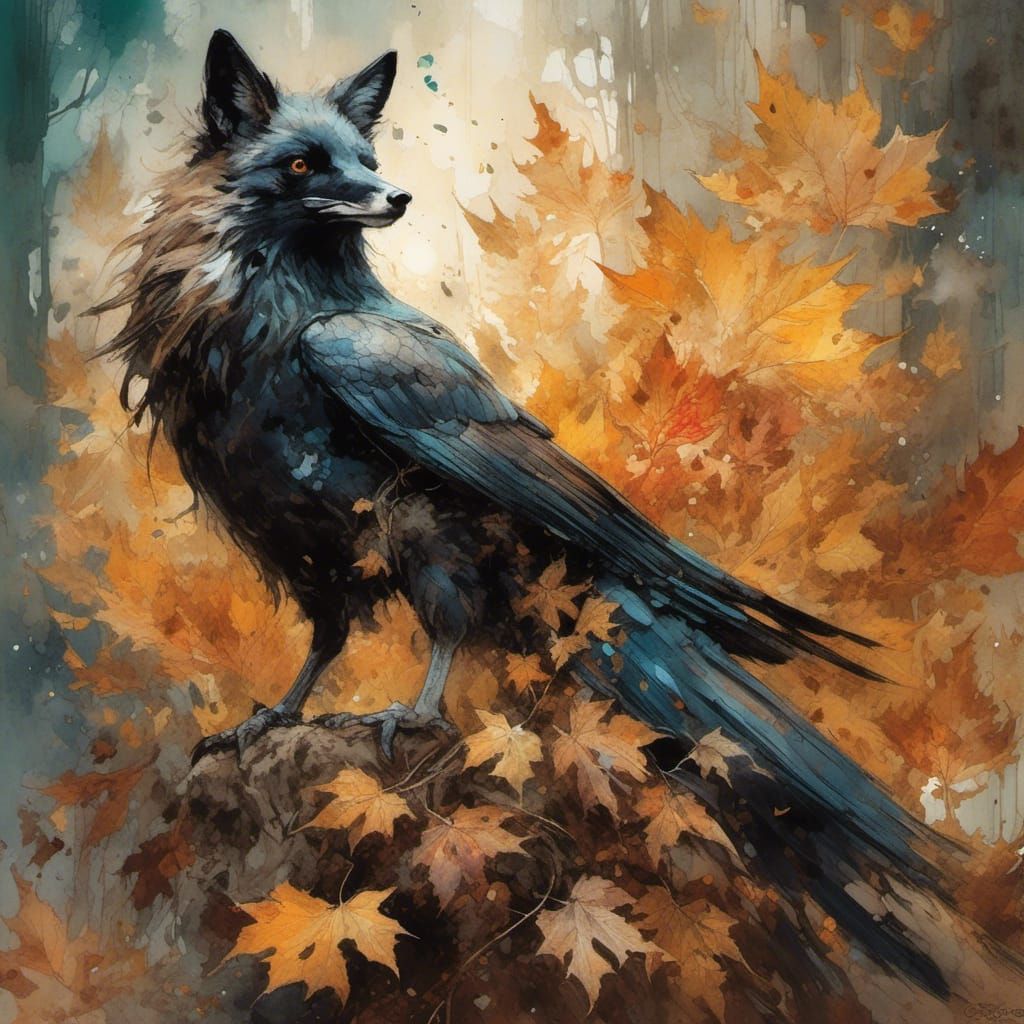 Fox-Crow Hybrid in Autumnal Neo-Impressionist Style