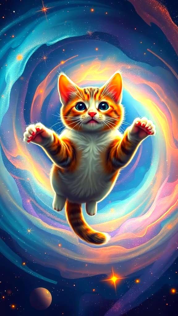 Whimsical Cat in Cosmic Stardust Vortex, Retro Pop Art Style