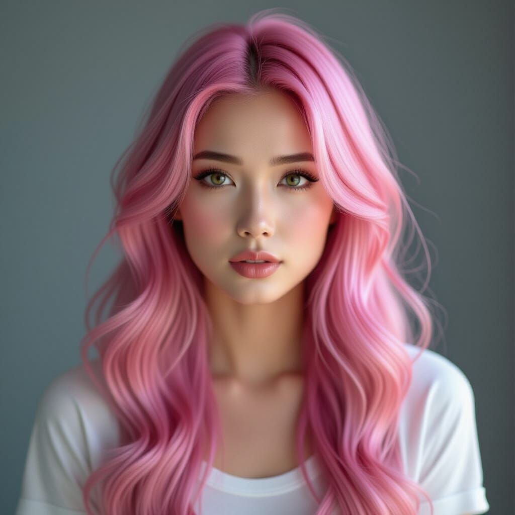 Hyperrealistic Asian Woman with Pink Hair in Moody Lighting