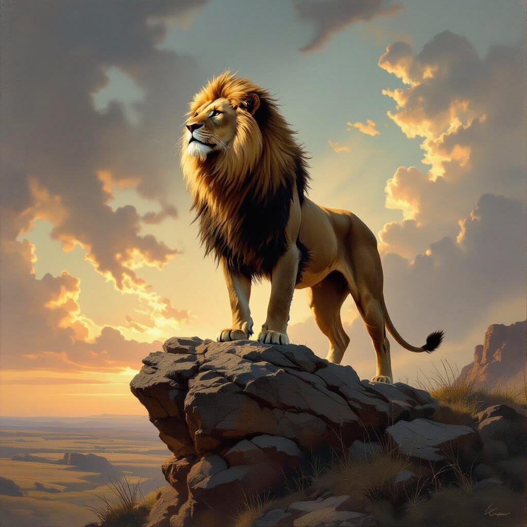 Lioness Hero Overlooking Ancient Battlefield in Classical Oi...