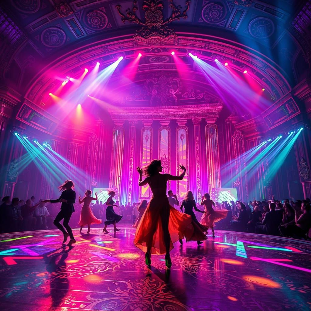 Electric Dreamscape: Dancers Lost in Vibrant Rhythms