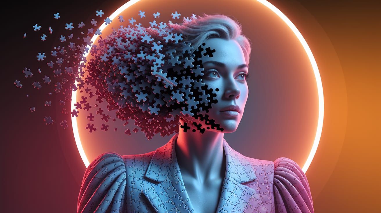 Ethereal Bridge Dissolves into Vibrant Puzzle Pieces in Cybe...