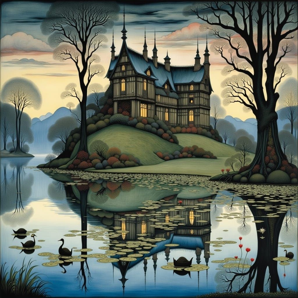 Mysterious Dusk Manor House Beside Enchanted Lake