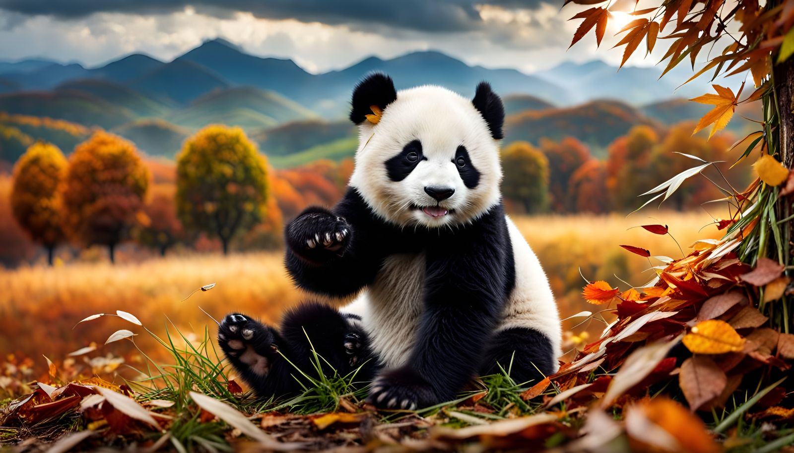 Cute Baby Panda Waving in Autumn Landscape
