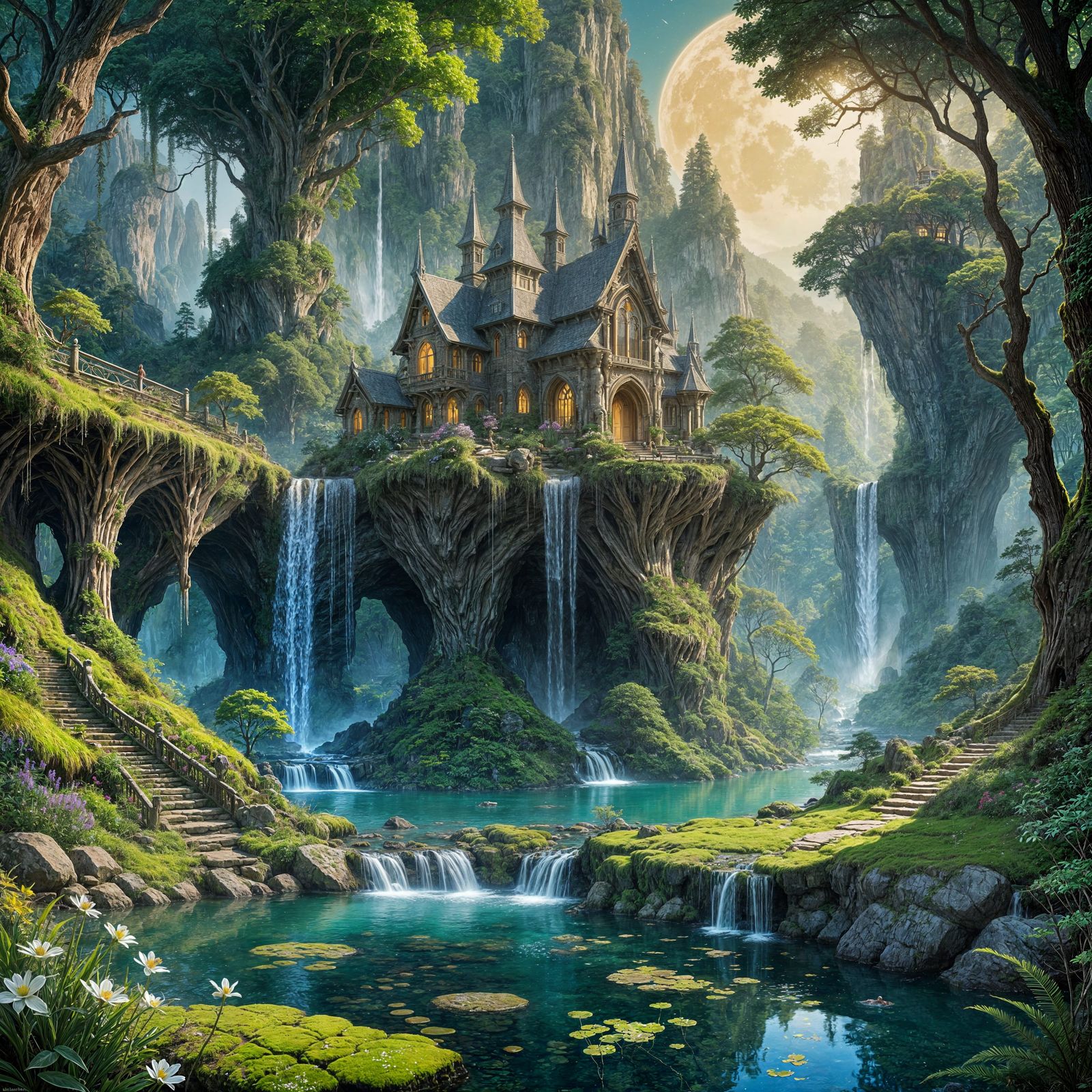 A serene elven sanctuary nestled deep within an ancient fore...
