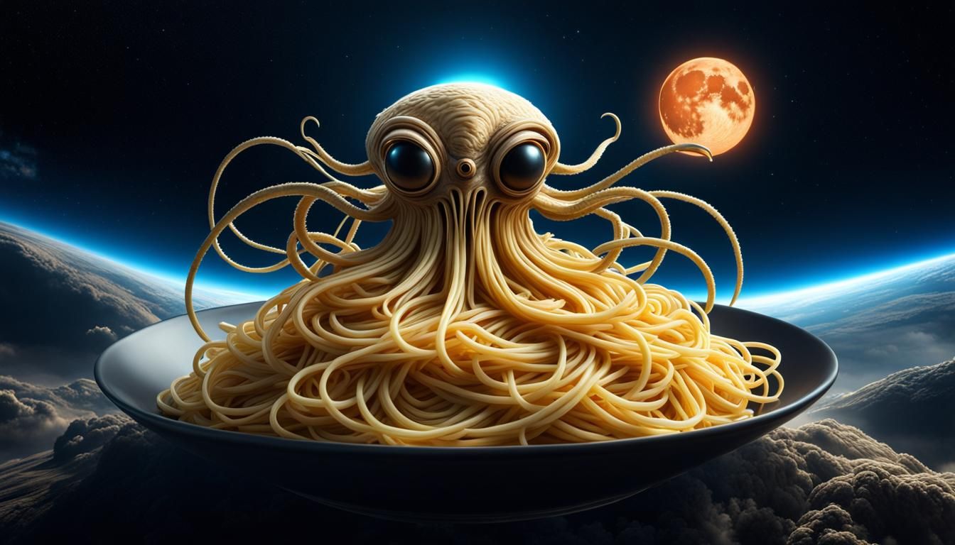 Spaghetti monster on his flying saucer!