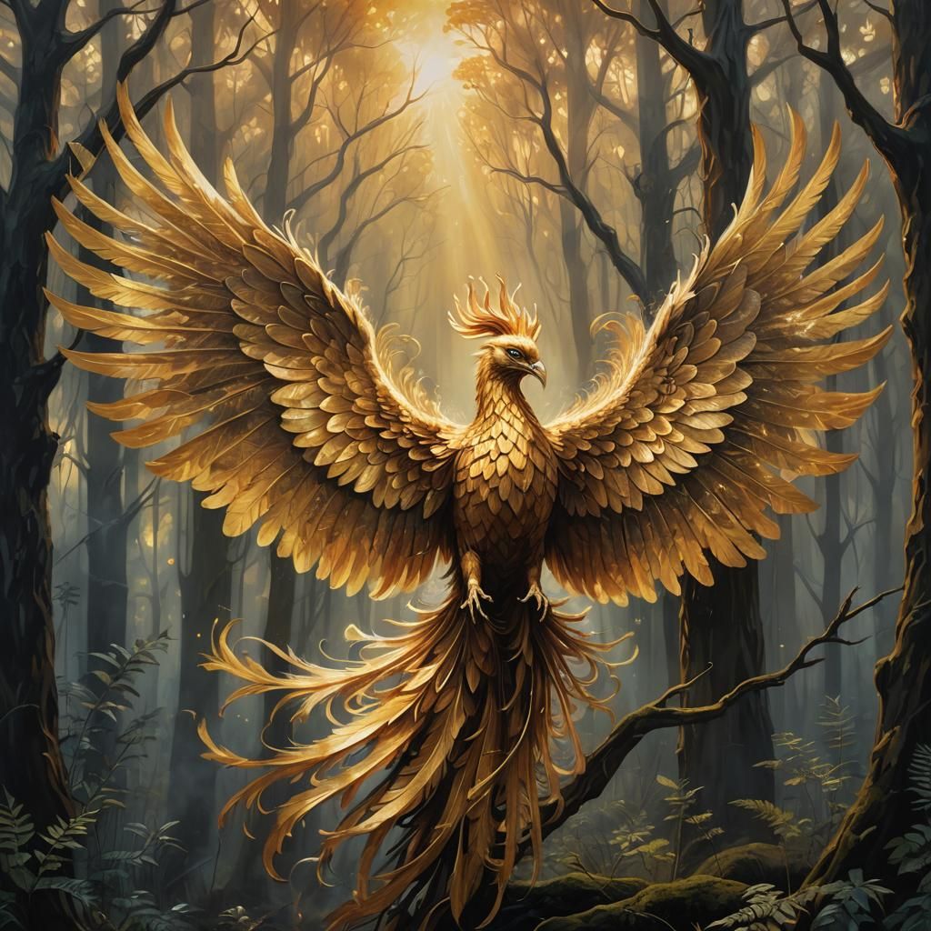 Golden Phoenix Cleansing Dark Forest: Fantasy Art