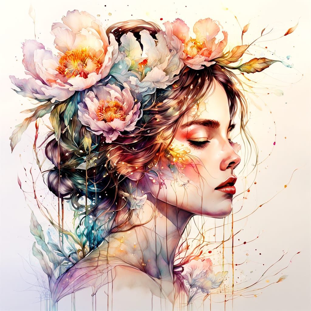 Vibrant Glass Peony Blossom in Stylized Digital Watercolor