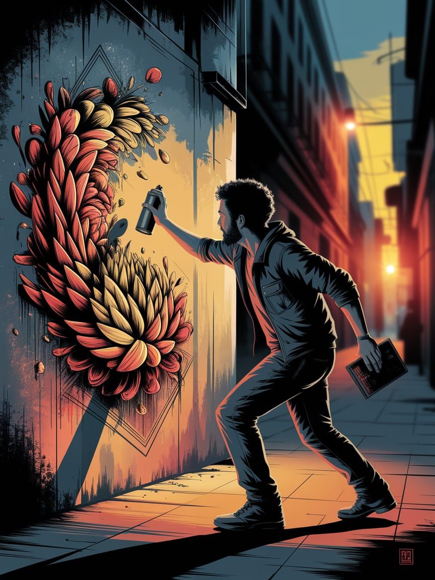 Rebel Artist Spray-Painting Vibrant Mural on Concrete Wall