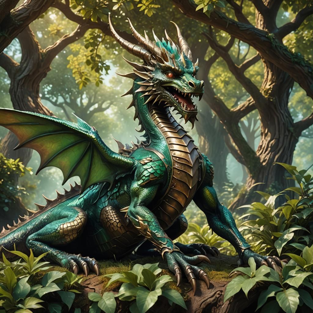 Bronze Dragon Relaxing Under a Tree: Fantasy Art