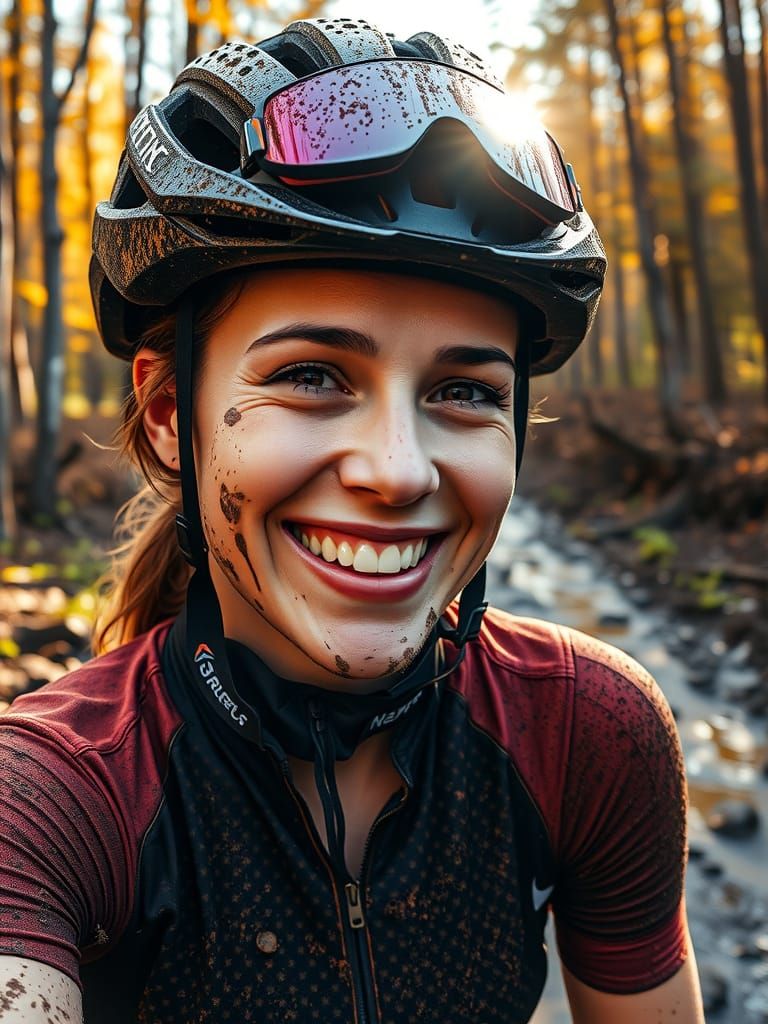 Mud-Covered Cyclist Smiles in Vibrant Forest
