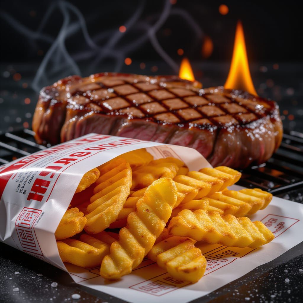 Sizzling Steak Chips & Grilled Steak in Cinematic Style