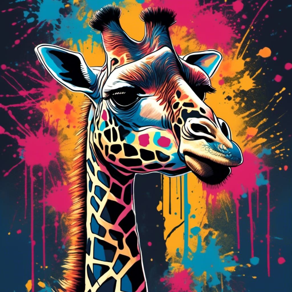 Cartoon Giraffe in Floral Shirt, Detailed Matte Painting