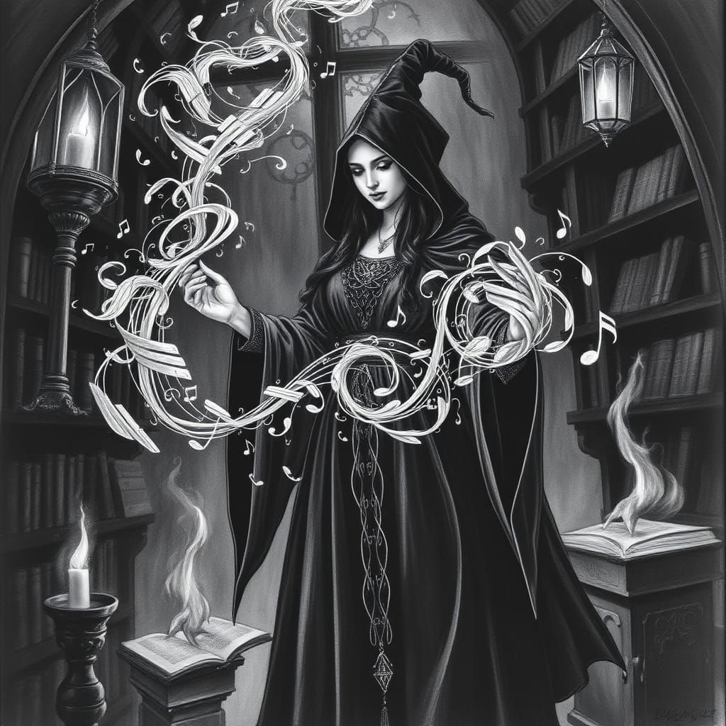 Sorceress Weaving Magic from Music in Dark Fantasy Style