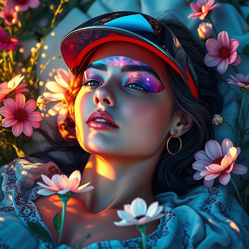 Cosmic Reflection: Woman in Flower Garden, Detailed Art