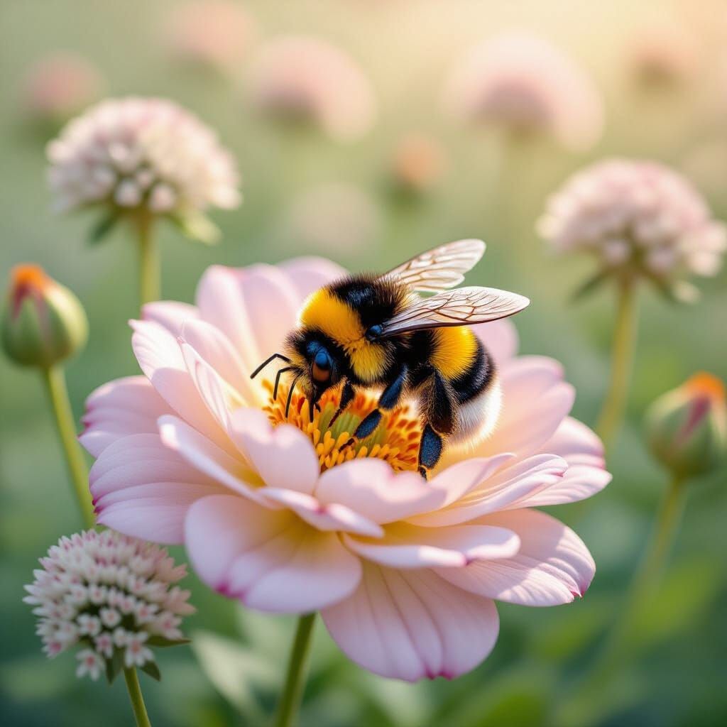 Bumblebee Sleeping on Rose in Dreamy Illustration
