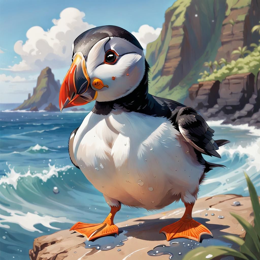 Cute Puffin in Hawaii, Manga Style Illustration