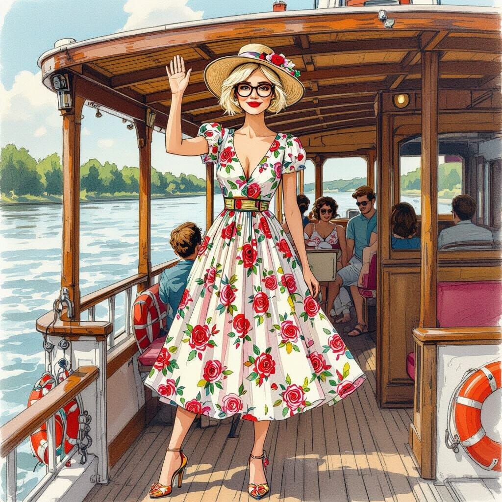 Woman on River Boat in Colored Pencil Style