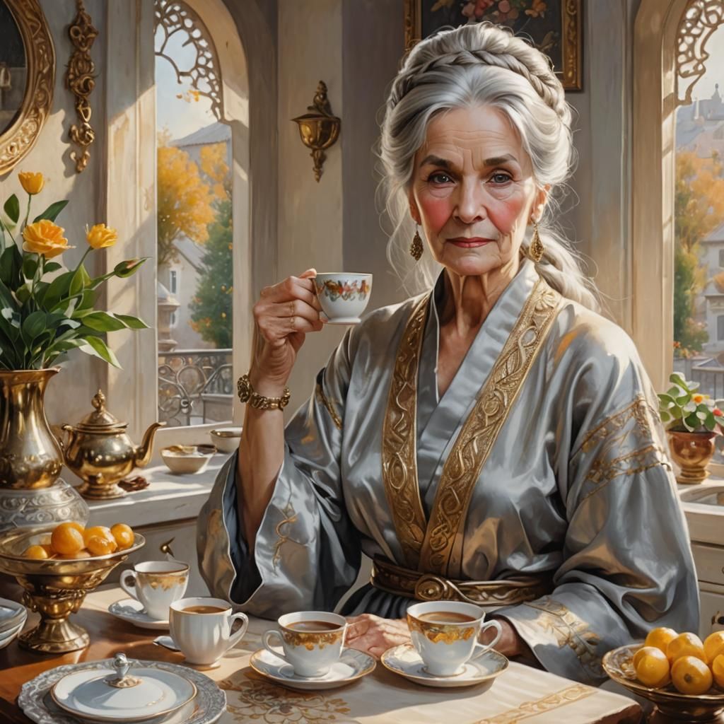 Elegant Old Woman Portrait in Oil Painting Style