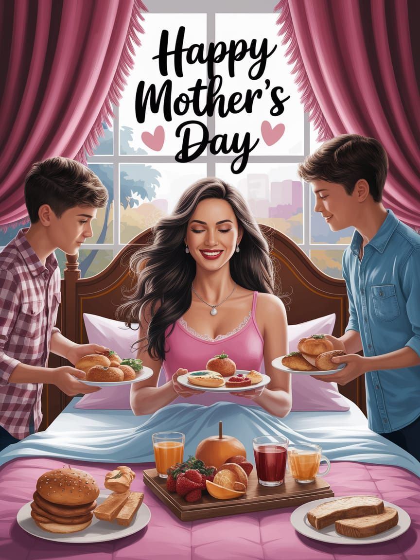 Mother's Day Breakfast Surprise in a Whimsical Digital Paint...