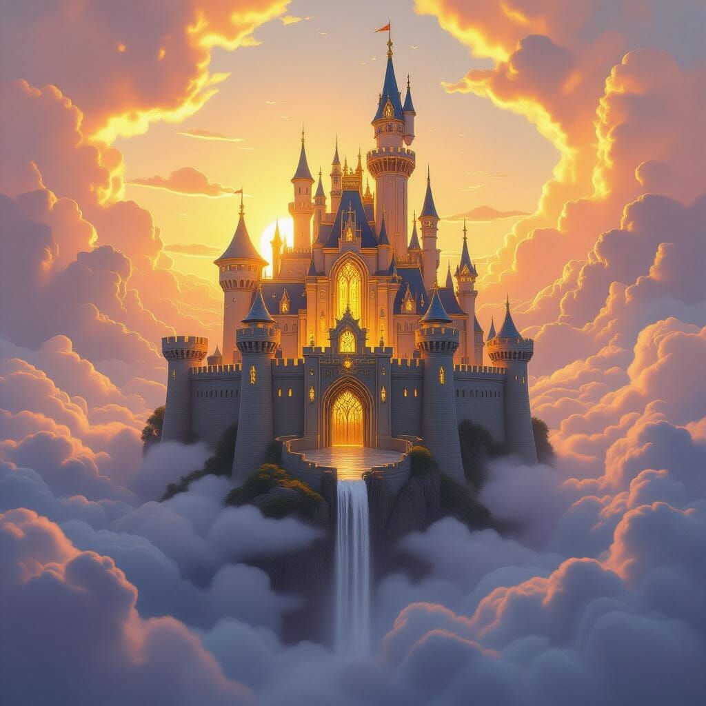Majestic Floating Castle in Golden Hour Light