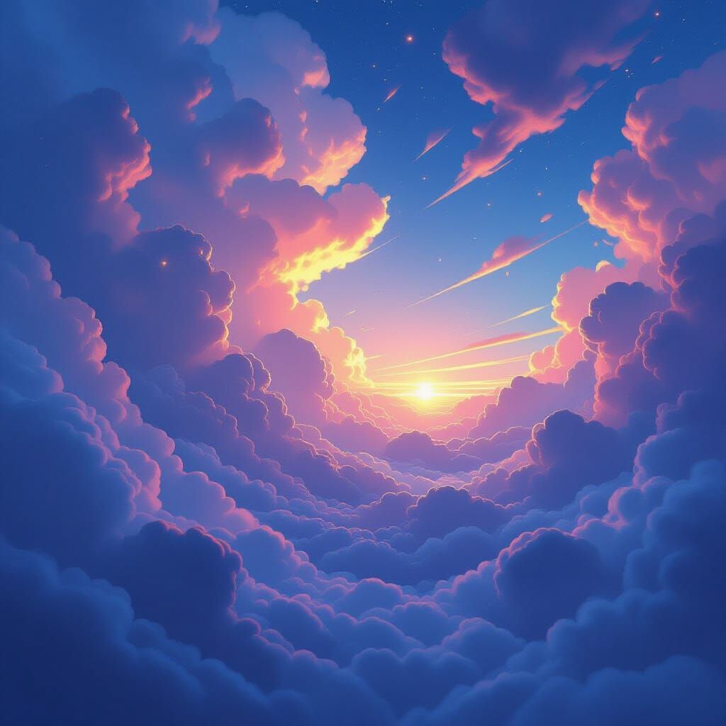 Dreamlike Scene with Swirling Clouds and Shimmering Lights