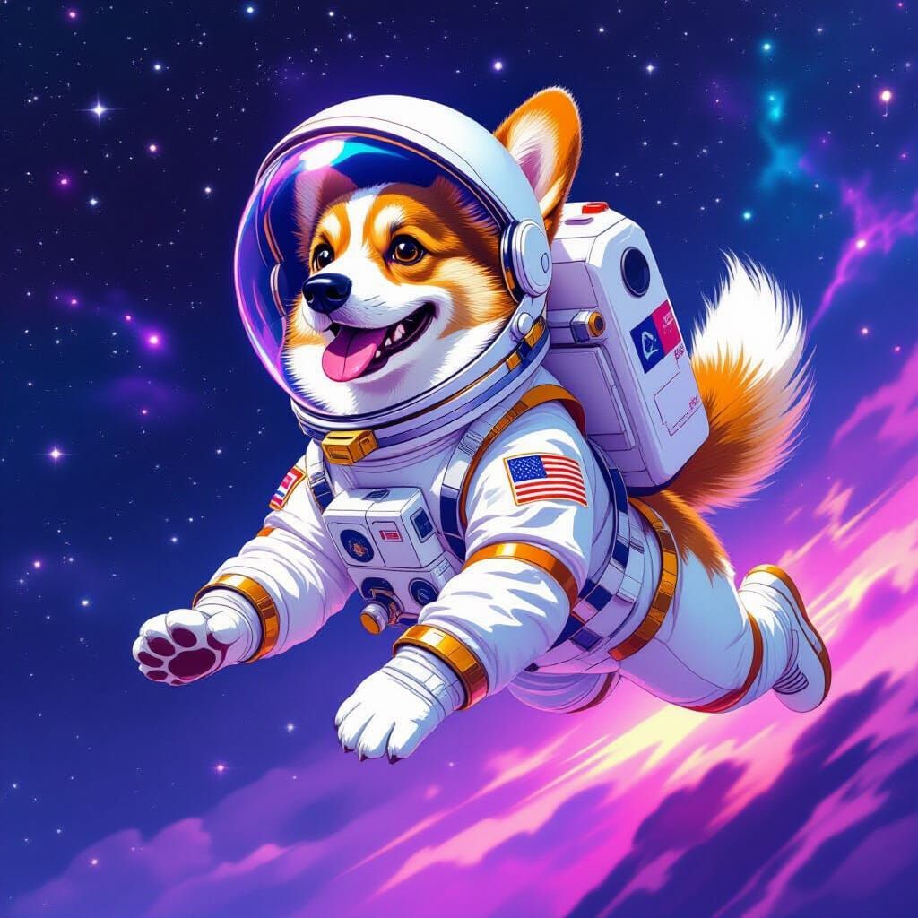Corgi Astronaut Flips Through Starry Space