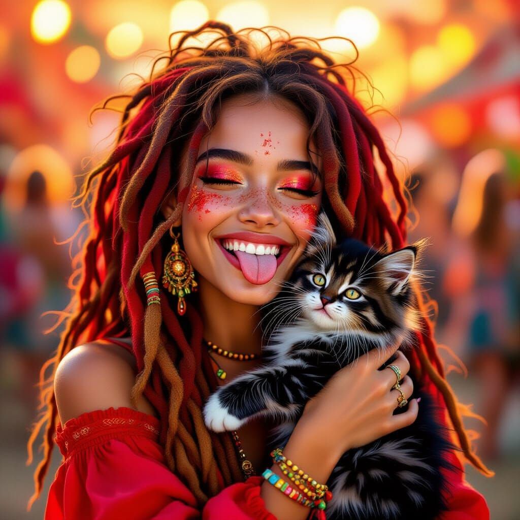 Hippie Girl Holding Kitten at Festival in Digital Painting S...