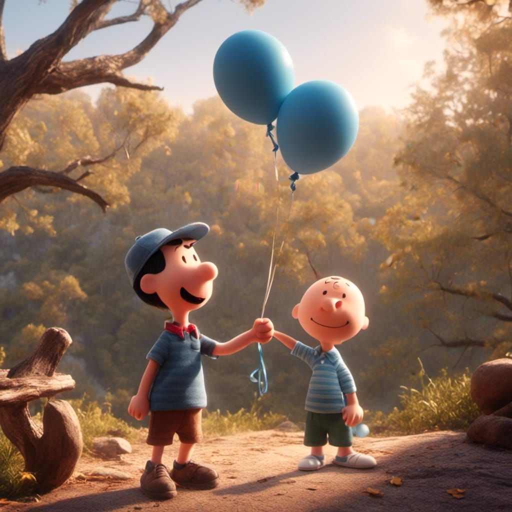 Linus with Blue Balloon in Peanuts Style