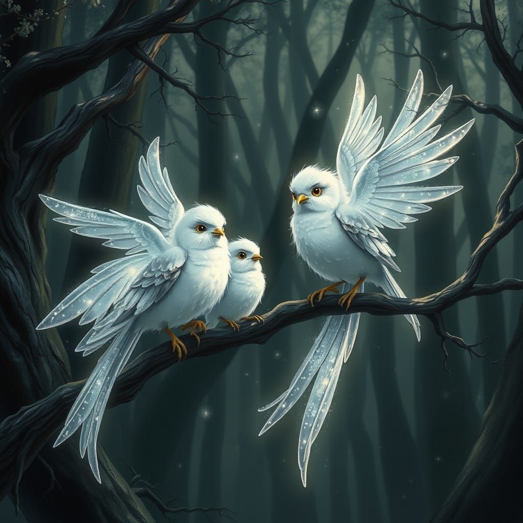 Mystical Silver-Winged Birds in a Dreamlike Forest