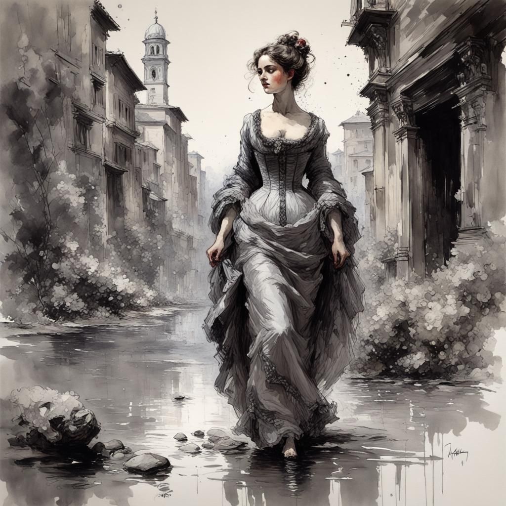 Victorian Couple in Grey, Ink Splash Art