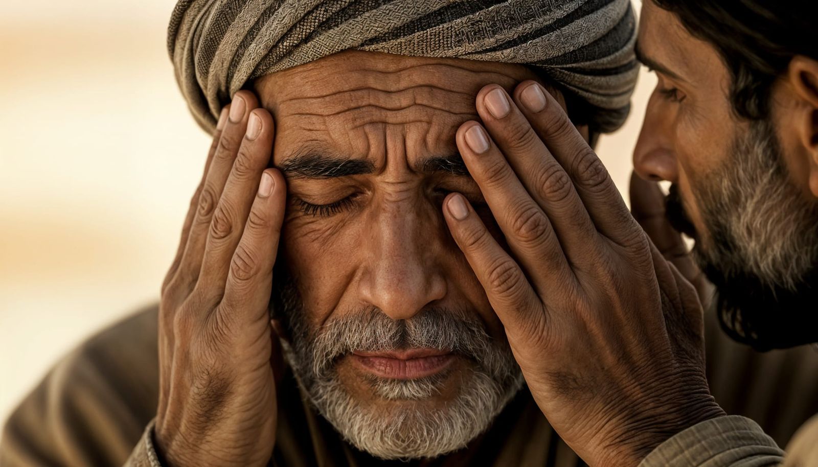 Photo Realistic Close-Up: Hands Cover Eyes of Sleeping Man
