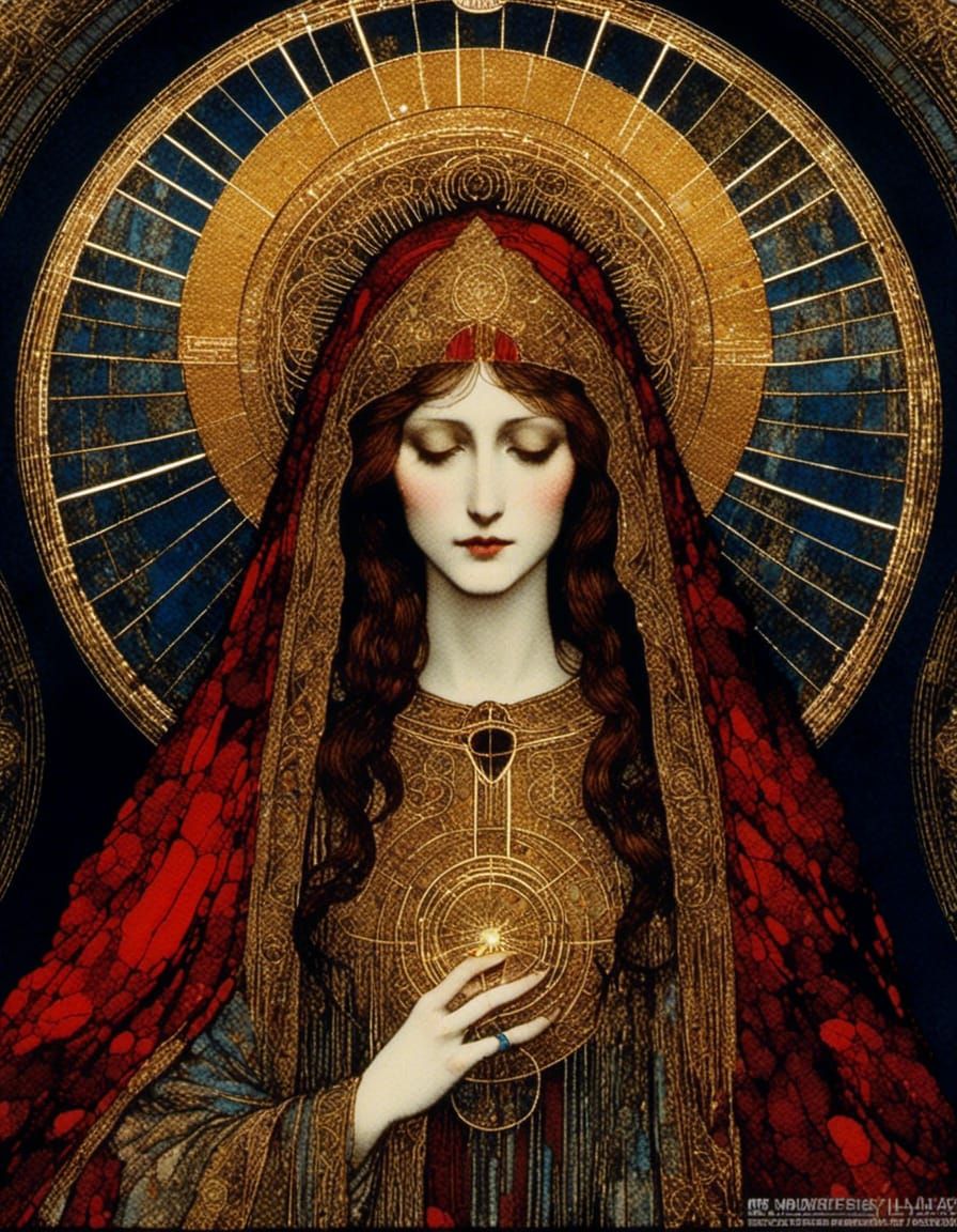 Mary Magdalene with Golden Halo in Stained Glass Style