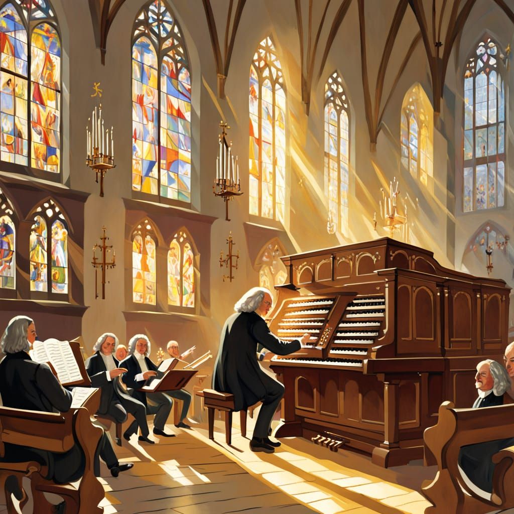 Johann Sebastian Bach playing an organ in a German Protestan...