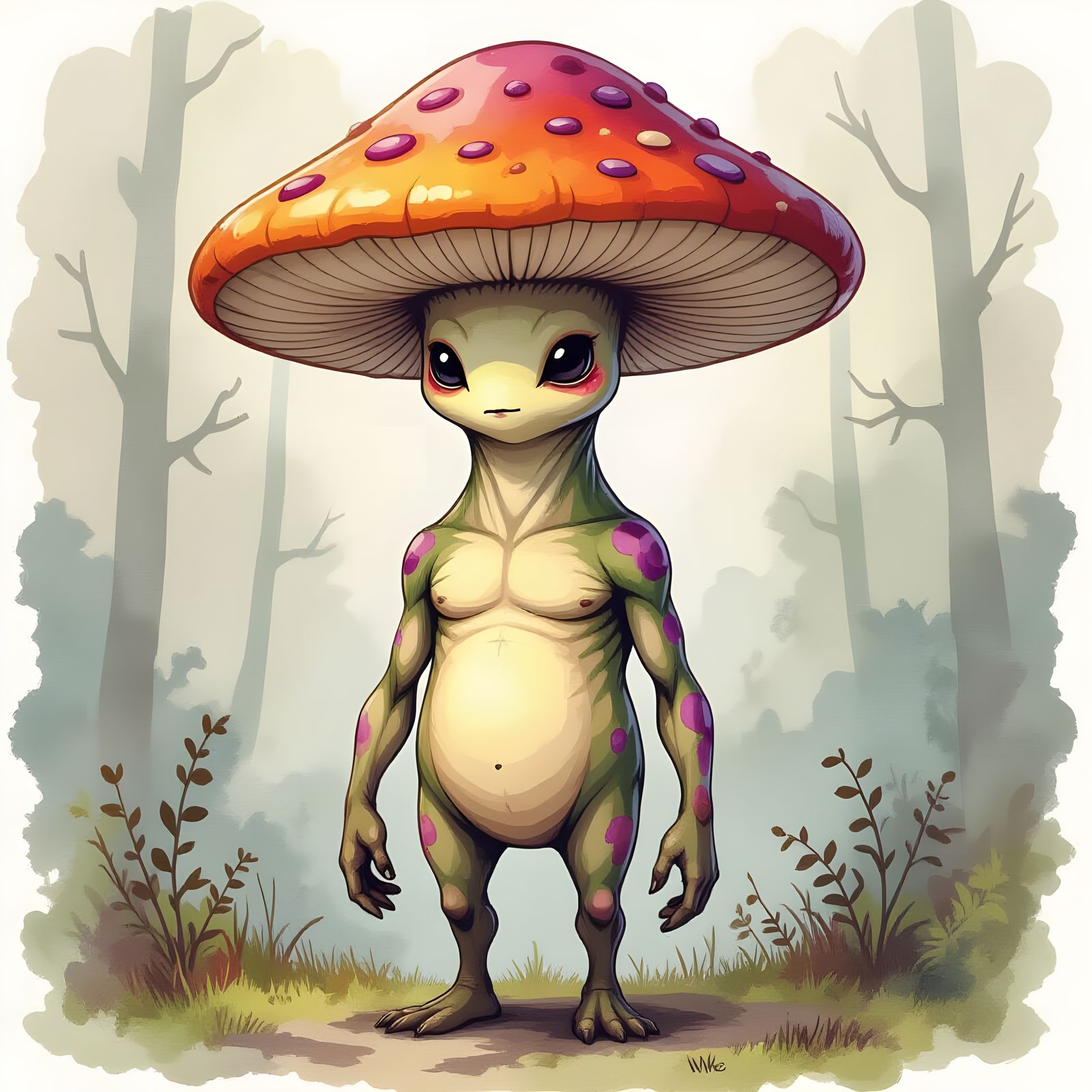 Mushroom Creature in Watercolor and Ink Wash Style