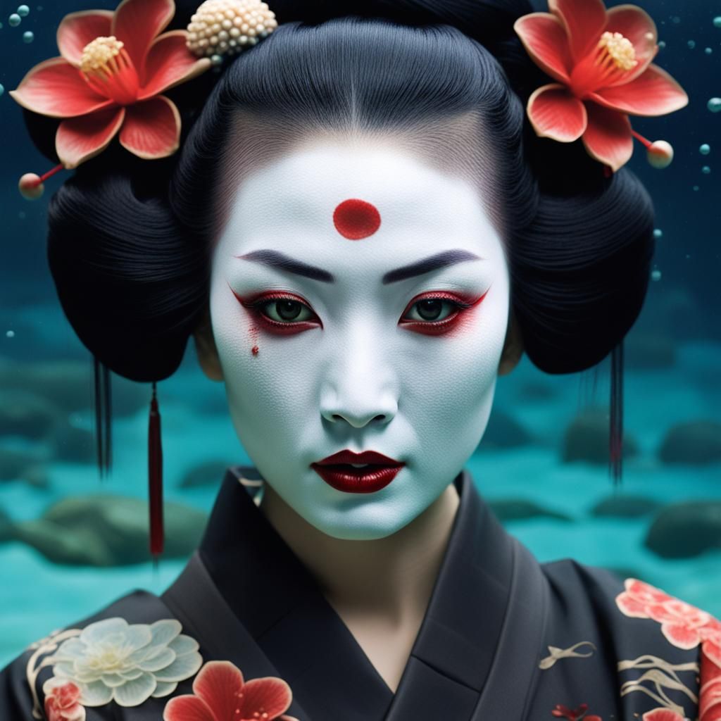 Geisha Mermaid Vampire in Digital Abyss: Hyperrealistic Port...