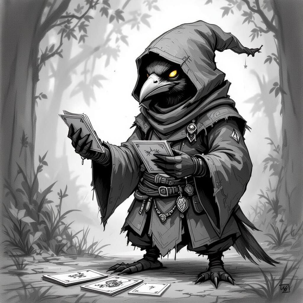 Pencil Sketch of Arcane Kenku Tarot Reader