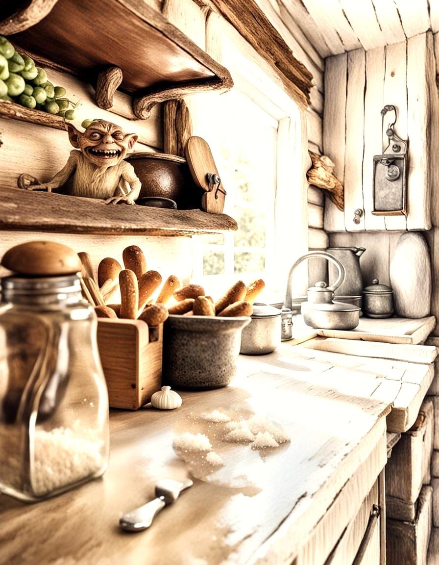 Goblin in Kitchen with Spilled Salt, Brian Froud Style