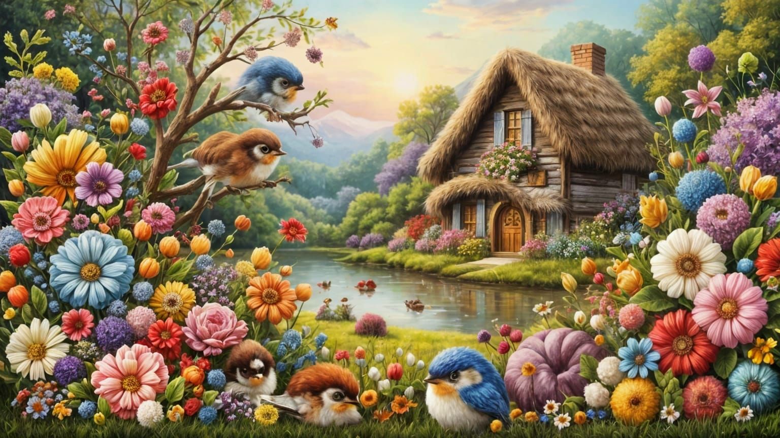 Cute Birds Feed in Colourful Garden Oil Painting