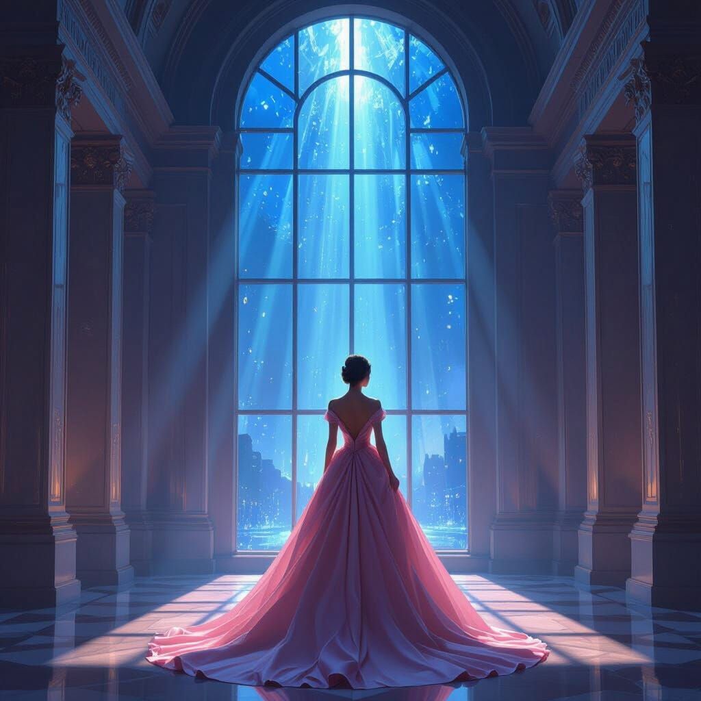 Elegant Woman in Pink Gown by Sapphire Window