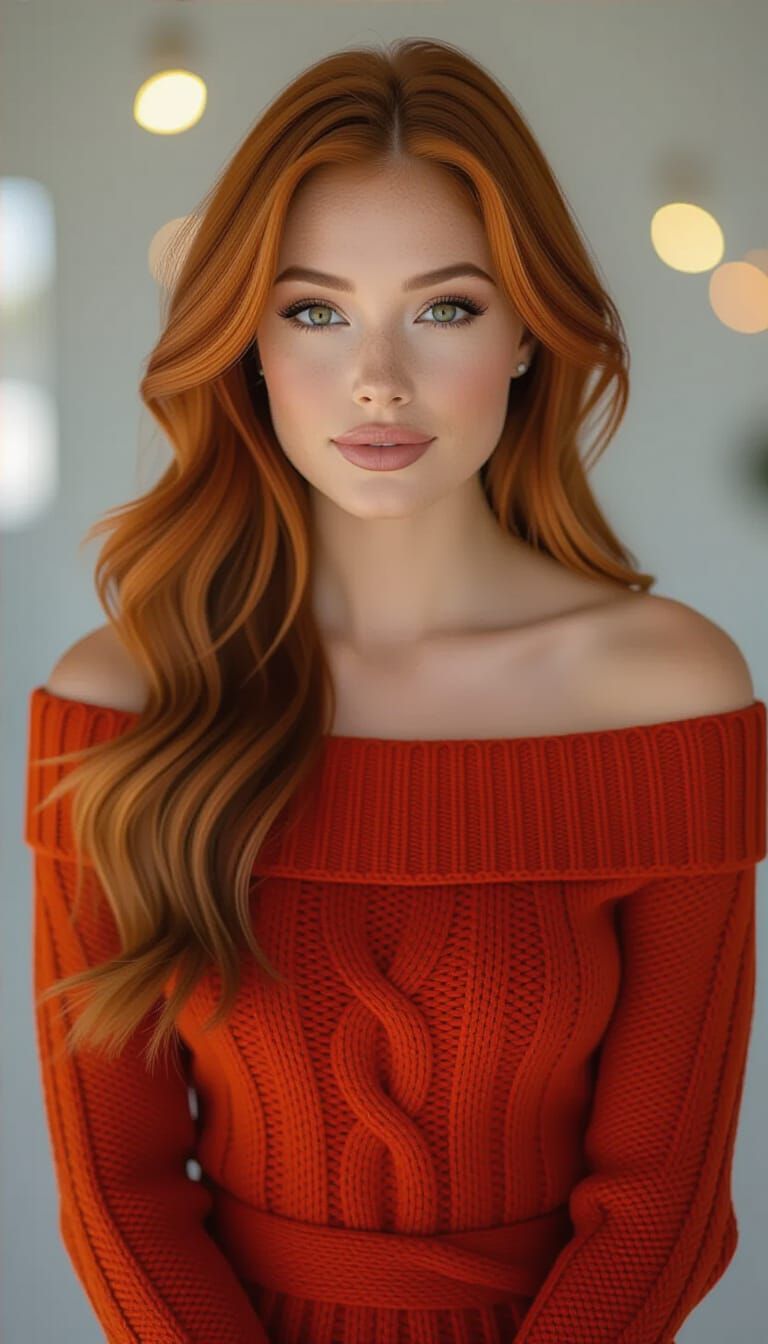 Full Body Portrait Of Tanned Amber-Eyed Woman With Ginger Ha...