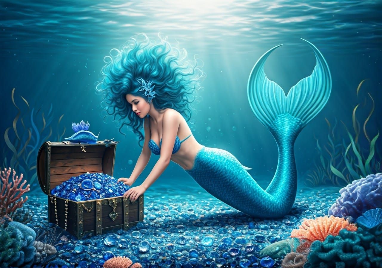 Majestic Blue Mermaid Reaching for Sapphire Treasure