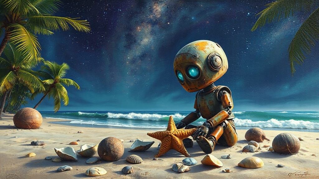 Robot on Beach in Pop Art Style