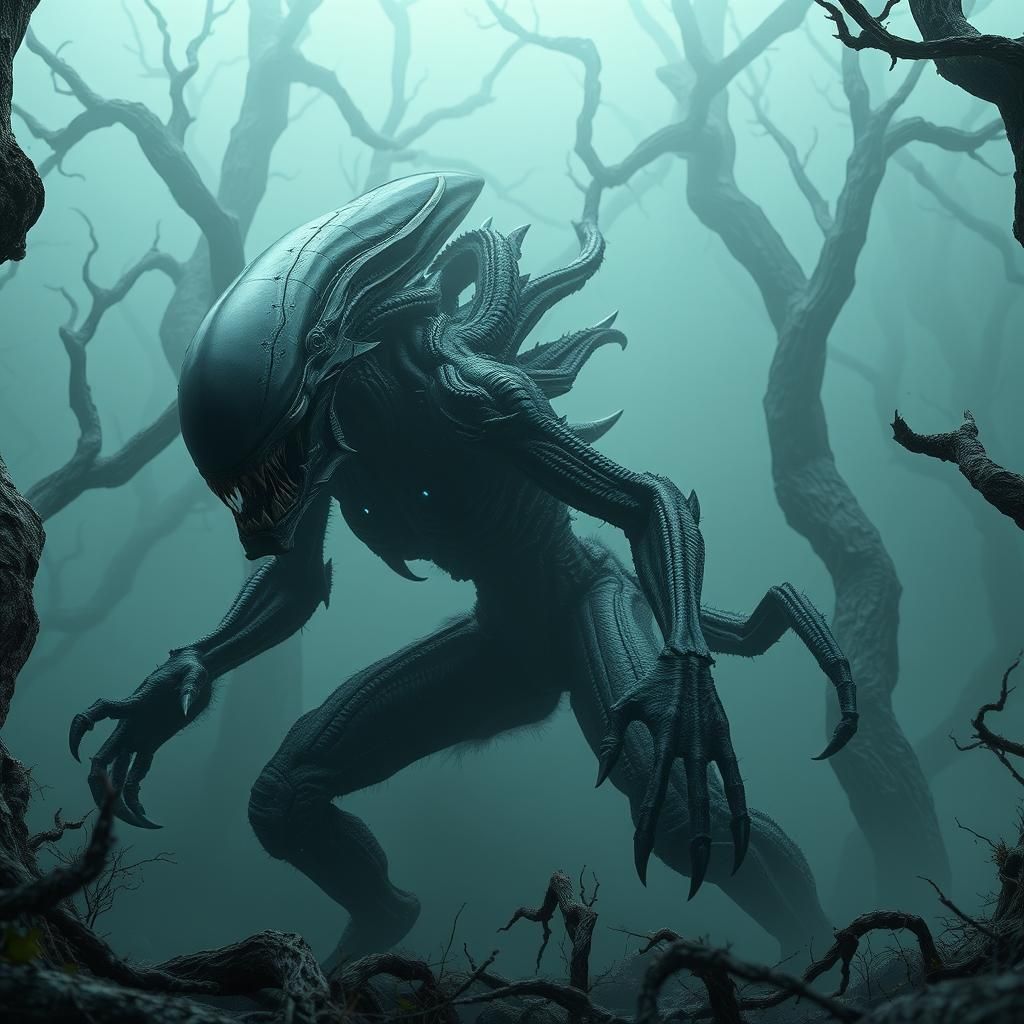 Alien Werewolf Hunting in Gloomy Forest, Biomechanical Style