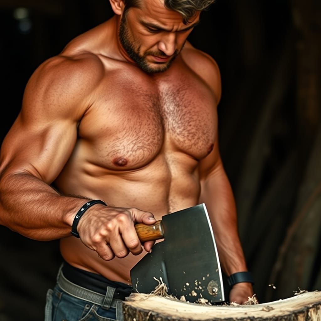 A tall, tanned, muscular man with a sweaty chest chopping wo...