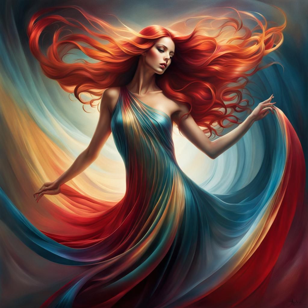 Majestic Metallic Dancer with Red Hair, Illustration