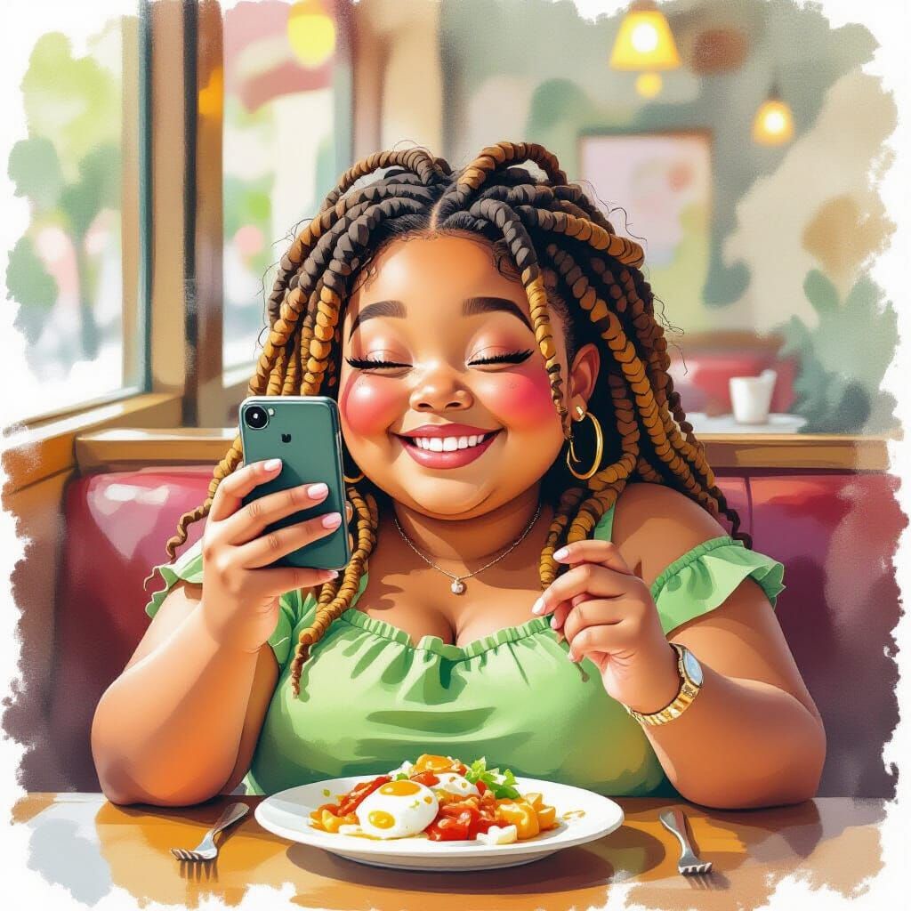 Smiling Girl Photographing Dinner, Expressive Watercolor Sty...